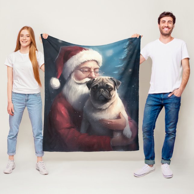 Pug With Santa Claus Festive Christmas Fleece Blanket (In Situ)