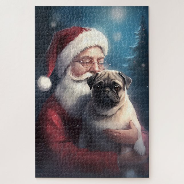 Pug With Santa Claus Festive Christmas Jigsaw Puzzle (Vertical)