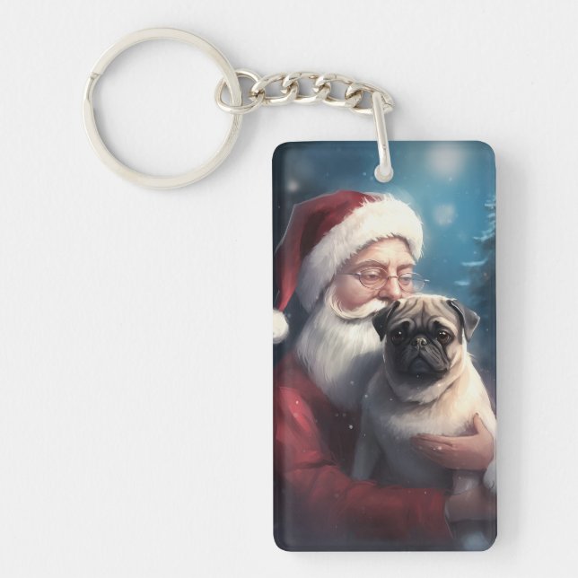 Pug With Santa Claus Festive Christmas Key Ring (Front)