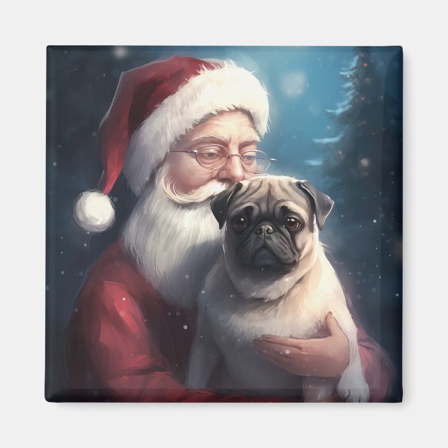 Pug With Santa Claus Festive Christmas Magnet (Front)