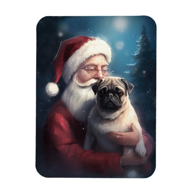 Pug With Santa Claus Festive Christmas Magnet (Vertical)