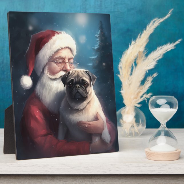 Pug With Santa Claus Festive Christmas Plaque (Side)