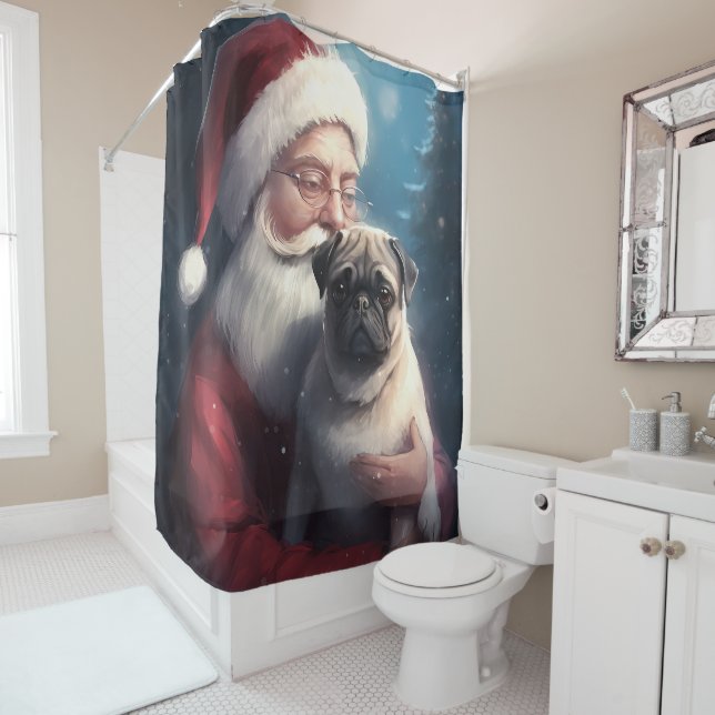 Pug With Santa Claus Festive Christmas Shower Curtain (In Situ)