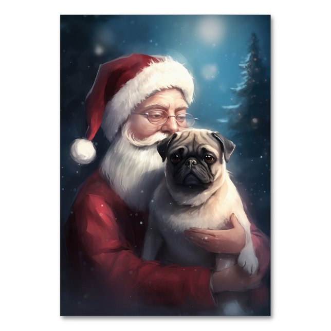 Pug With Santa Claus Festive Christmas Table Number (Front)