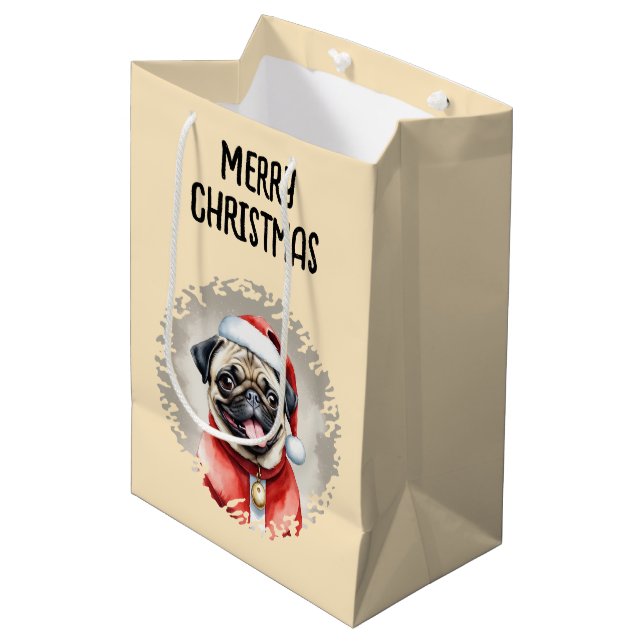Pug With Santa Claus Outfit - Christmas 1 Medium Gift Bag (Front Angled)