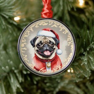 Pug With Santa Claus Outfit - Christmas 1 Metal Ornament