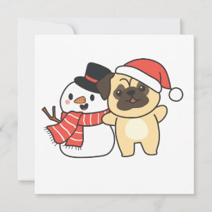 Pug With Snowman In Winter For Christmas Holiday C Card