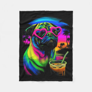 Pug with Sungles Iced Coffee Beach Summer Trocal Fleece Blanket