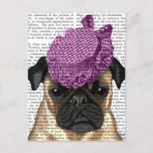 Pug with Vintage Purple Hat Postcard