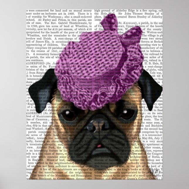 Pug with Vintage Purple Hat Poster (Front)