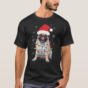 Pug Wrapped In Christmas Lights Santa Hat Funny Ho T-Shirt