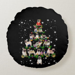 Pugdog Christmas Tree Covered By Flashlight Round Cushion
