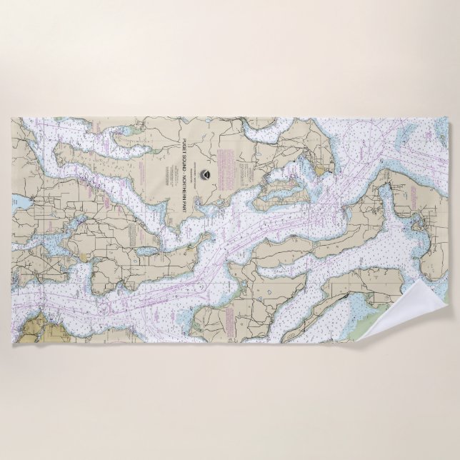 Puget Sound-Northern Part Nautical Chart 18441 Beach Towel (Front)