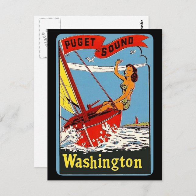 Puget Sound Washington Vintage Travel Art  Postcard (Front/Back)