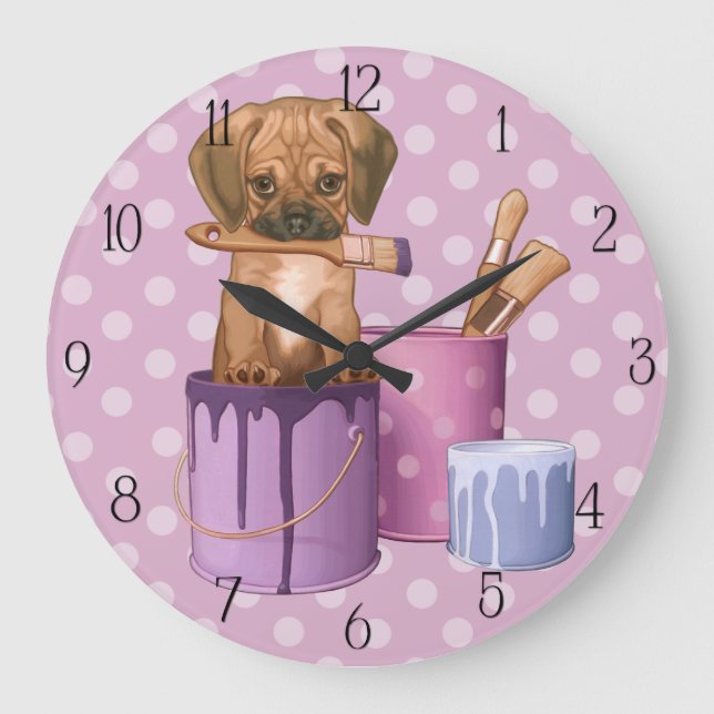 Puggle puppy in painting pot large clock (Front)