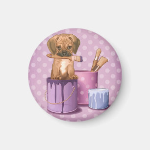 Puggle puppy in painting pot magnet