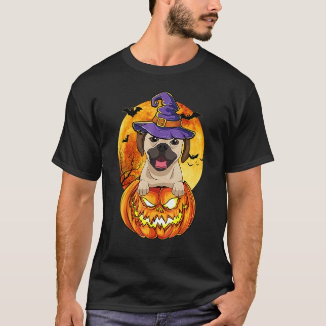 Puggle Witch Pumpkin Halloween Dog T-Shirt (Front)