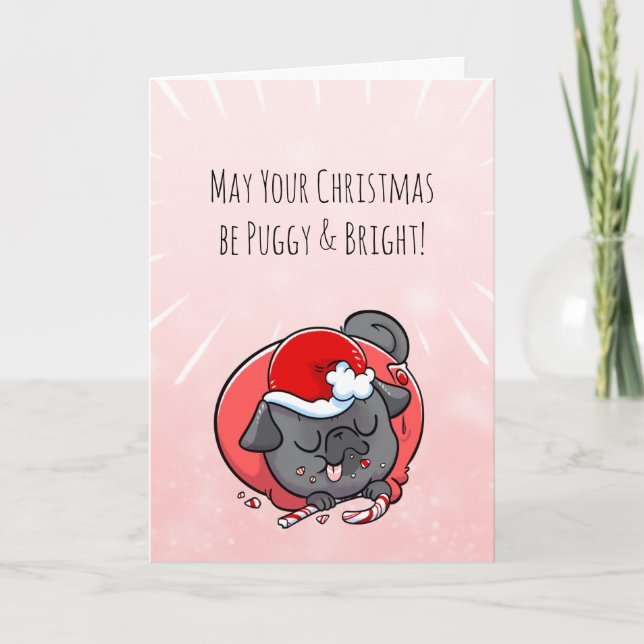 Puggy and Bright black pug Christmas card (Front)