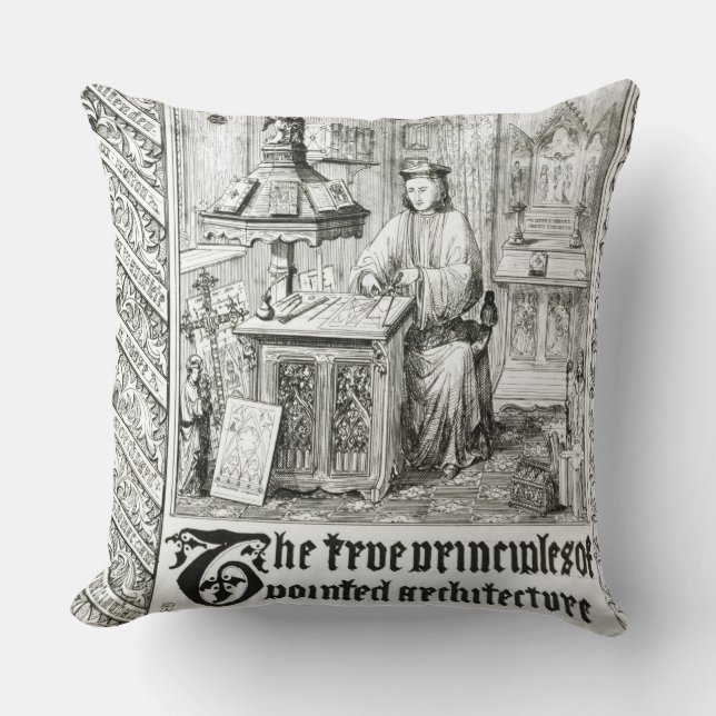 Pugin at work, frontispiece from 'True Principles Cushion (Front)