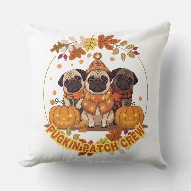 Pugkin Patch Crew | Funny Cute Halloween Pug Pumpk Cushion (Front)