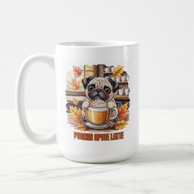 Pugkin Spice Latte – Cute Autumn Pug Coffee Design Coffee Mug (Left)