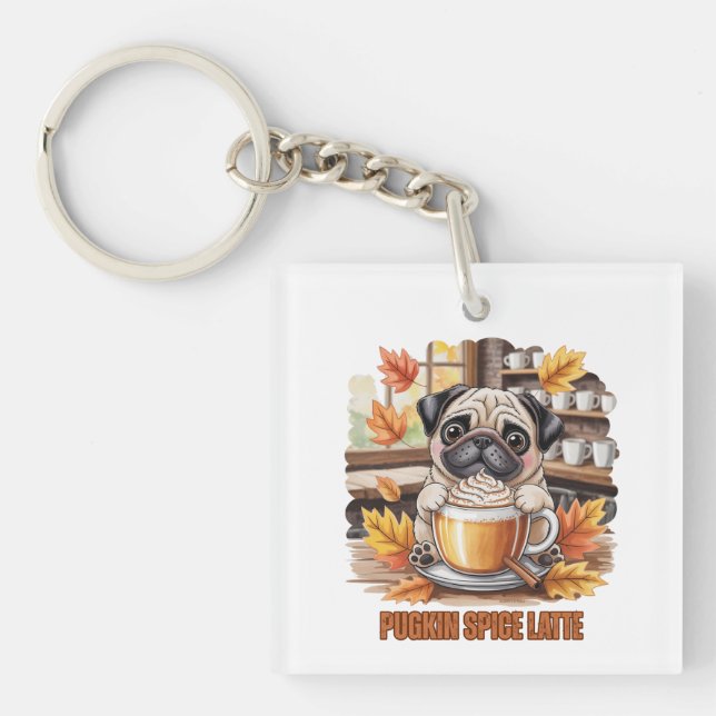 Pugkin Spice Latte – Cute Autumn Pug Coffee Design Key Ring (Front)