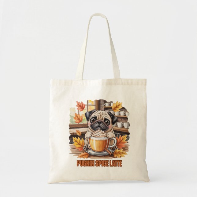 Pugkin Spice Latte – Cute Autumn Pug Coffee Design Tote Bag (Front)