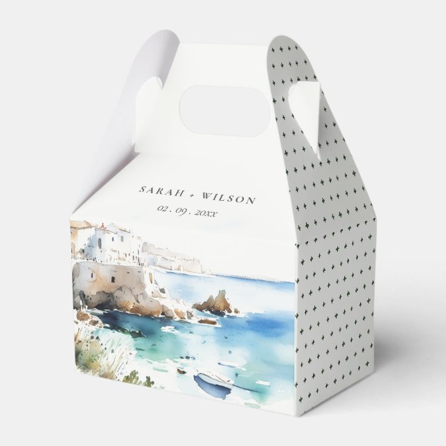 Puglia, Italy Watercolor Landscape Wedding Favour Box (Front Side)