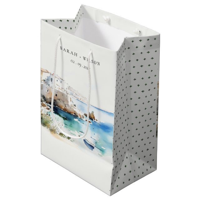 Puglia, Italy Watercolor Landscape Wedding Medium Gift Bag (Front Angled)