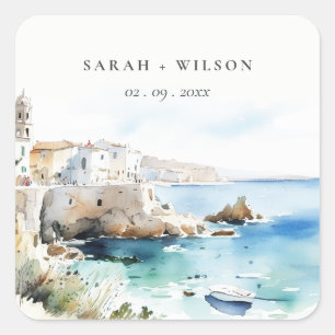 Puglia, Italy Watercolor Landscape Wedding Square Sticker