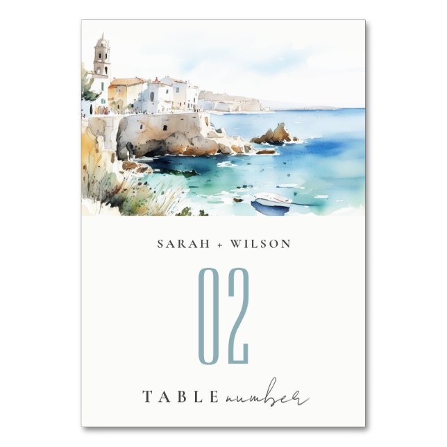 Puglia, Italy Watercolor Landscape Wedding Table Number (Front)