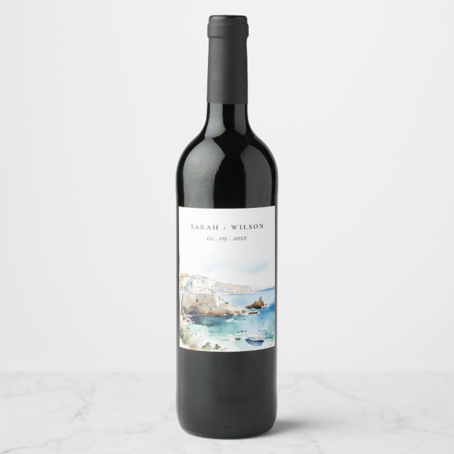 Puglia, Italy Watercolor Landscape Wedding Wine Label (Front)