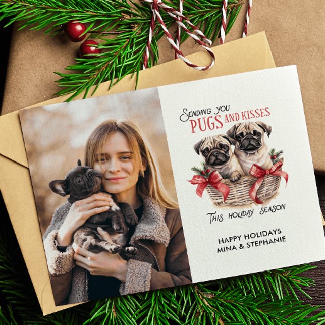PUGS AND KISESS DOG THEMED CHRISTMAS PHOTO HOLIDAY POSTCARD (🎄🐾 "Pugs and Kisses, Wishing You a Pawsome Christmas!" 🐾🎄)