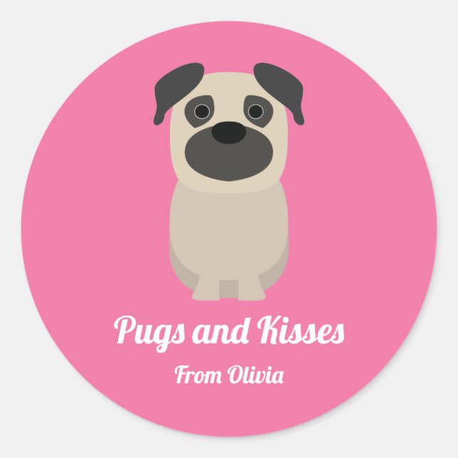 Pugs and Kisses, Pug Dog Valentine's Day Classic Round Sticker (Front)