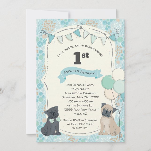 Pugs and Kisses Puppy Dog Photo Birthday Invitation (Front)