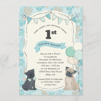 Pugs and Kisses Puppy Dog Photo Birthday Invitation