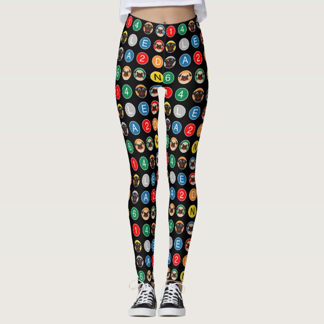 Pugs and New York City Train Lines Pattern Leggings (Front)