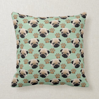 Pugs and Paws on Green Stripes Cushion