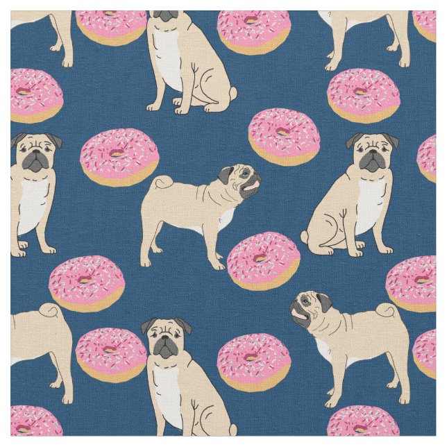 Pugs and pink donuts navy blue fabric (Close Up)