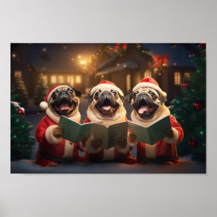 Pugs Christmas Caroling Festive Holiday Poster