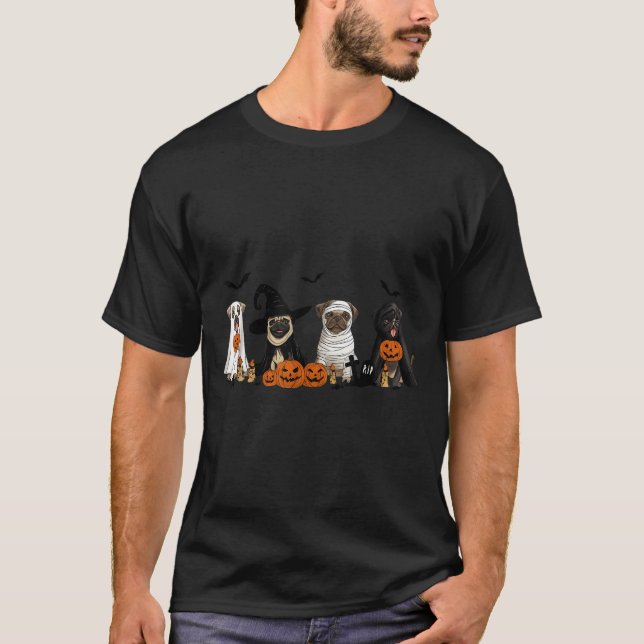 Pugs Dog Lovers - Pug Ghost Pug Witch Pug Hallowee T-Shirt (Front)