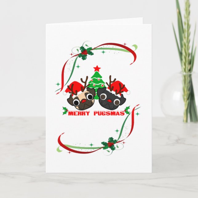 Pugs Greeting Christmas Card (Front)