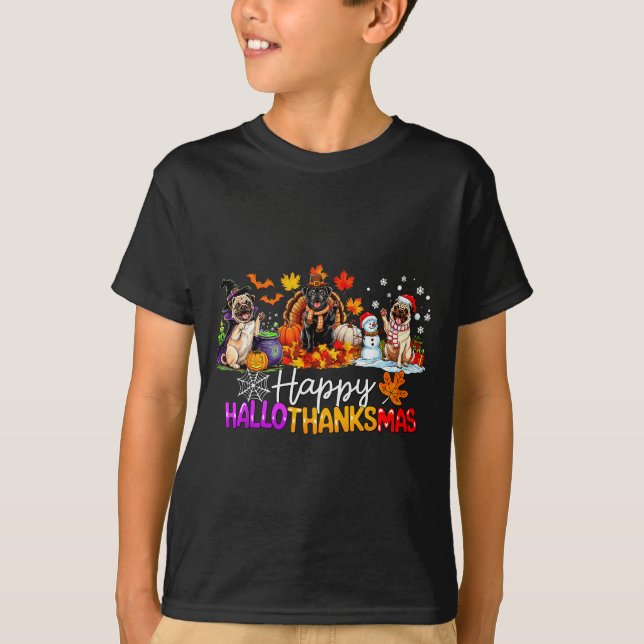 Pugs Hallothanksmas Dog Lovers Funny Christmas Mer T-Shirt (Front)