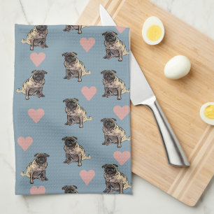 Pugs & hearts tea towel