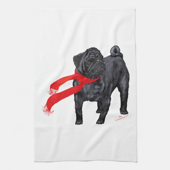 Pugs in Red Scarf Tea Towel (Vertical)