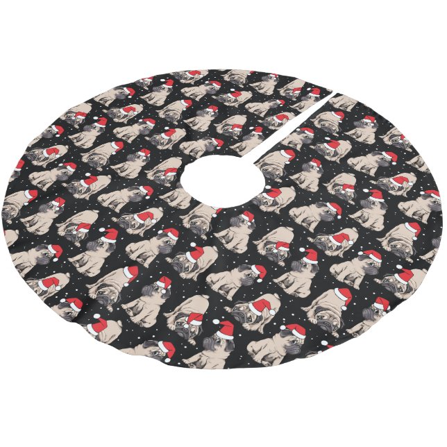 Pugs in Santa Hats Christmas Pattern Brushed Polyester Tree Skirt (Angled)