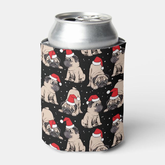 Pugs in Santa Hats Christmas Pattern Can Cooler (Can Front)
