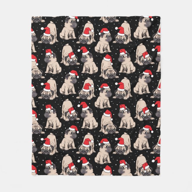 Pugs in Santa Hats Christmas Pattern Fleece Blanket (Front)