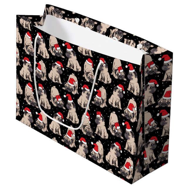 Pugs in Santa Hats Christmas Pattern Large Gift Bag (Front Angled)