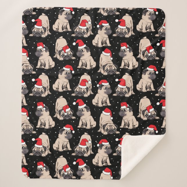 Pugs in Santa Hats Christmas Pattern Sherpa Blanket (Front)